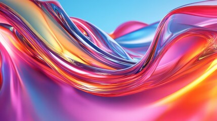 Fototapeta premium 3D render of bright glass waves with a colorful gradient and fluid texture, creating an abstract and energetic scene.