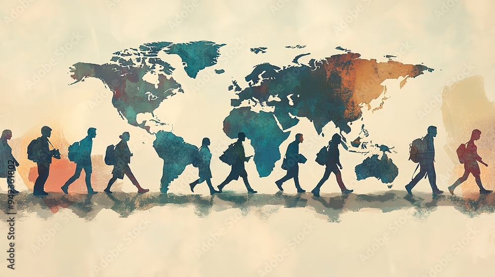 Poster migration dynamics: a dynamic portrayal of migration patterns and movements across continents, illus