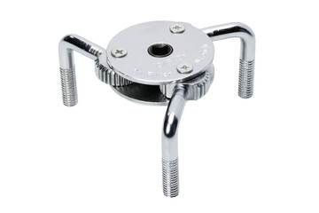 Studio photography of a three legged adjustable oil filter wrench isolated on a white background. Front view, close-up shot of automobile spare parts for passenger cars and light trucks.