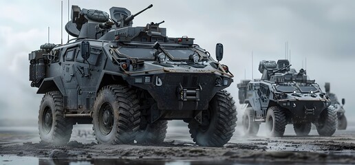 A highly detailed photo of an armored vehicle, with two other vehicles in the background, symbolizing strength and protection. 
