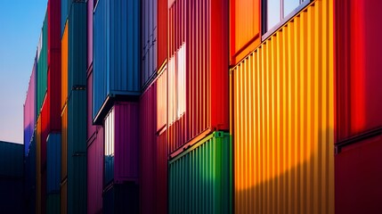 Fototapeta premium Colorful shipping containers at sunset.