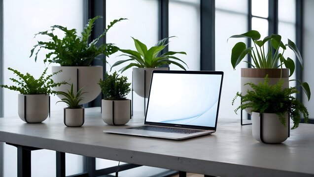 A stylish office setup featuring a sleek laptop surrounded by vibrant indoor plants, ideal for promoting productivity and a fresh, natural ambiance.