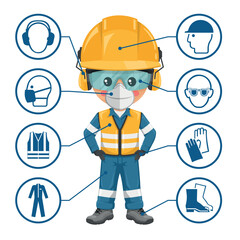 Engineer with personal protective equipment and icons, safety pictograms. Helmet, vest, glasses, gloves, footwear, coverall, ear protection, mask. Industrial safety and occupational health at work