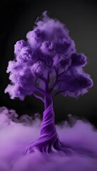 An abstract AI-generated painting featuring a purple tree formed using smoke patterns on a deep purple background. The ethereal design creates a dreamy and mystical atmosphere, with soft, fluid shapes