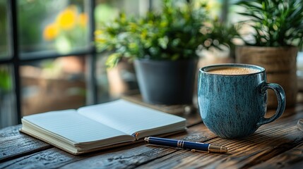A cozy workspace is created by a coffee cup and pen resting on a wooden table beside an open notebook.