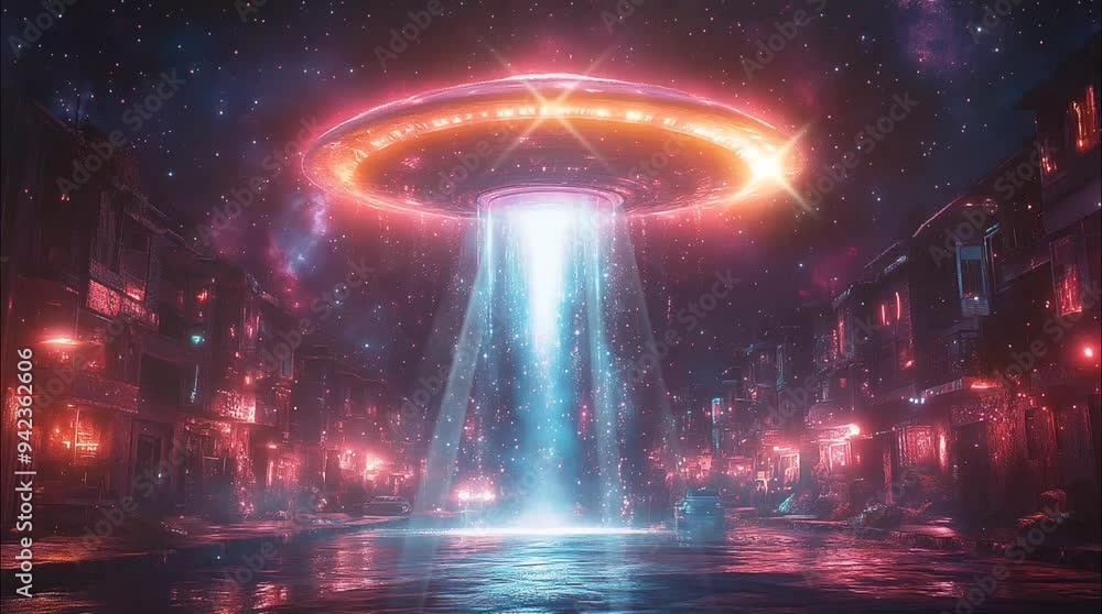 Wall mural large ufo with glowing lights hovering over a futuristic city, casting a beam of light down to the s