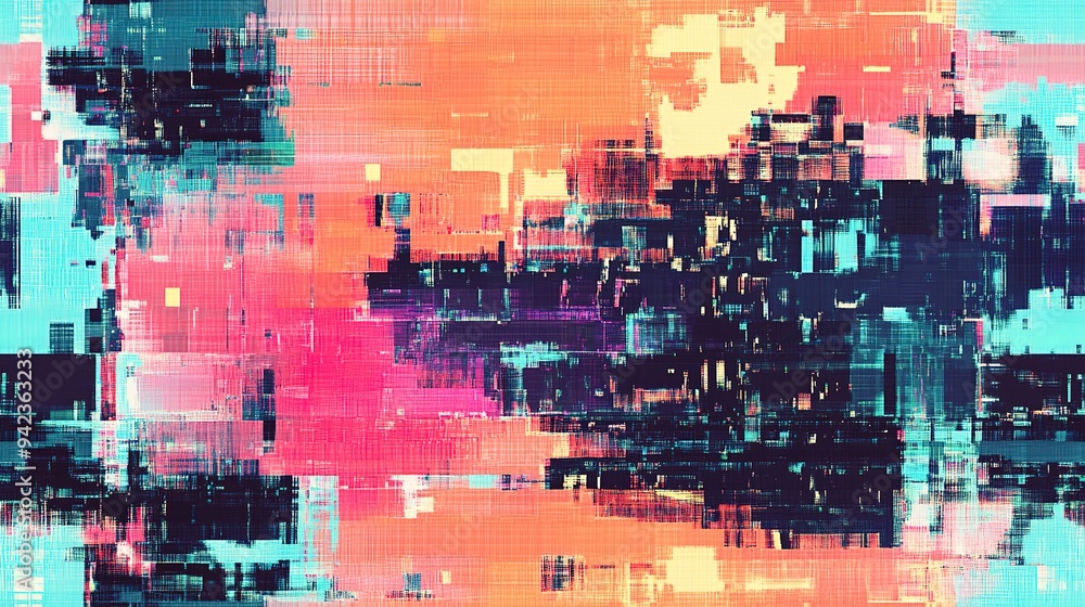Aufkleber television broadcast fail, program error, faulty computer screen effect. glitchy screen background, 