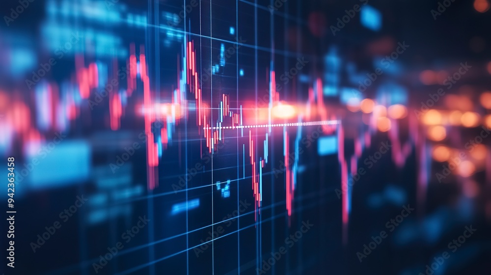 Poster macro close-up of a stock market investment trading chart displayed in blue, analyzing data with can