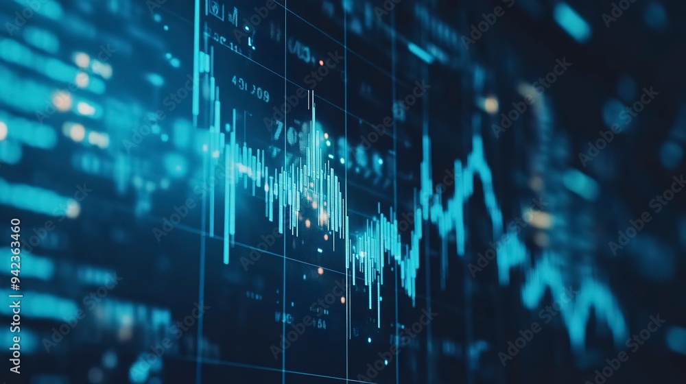 Poster macro close-up of a stock market investment trading chart displayed in blue, analyzing data with can