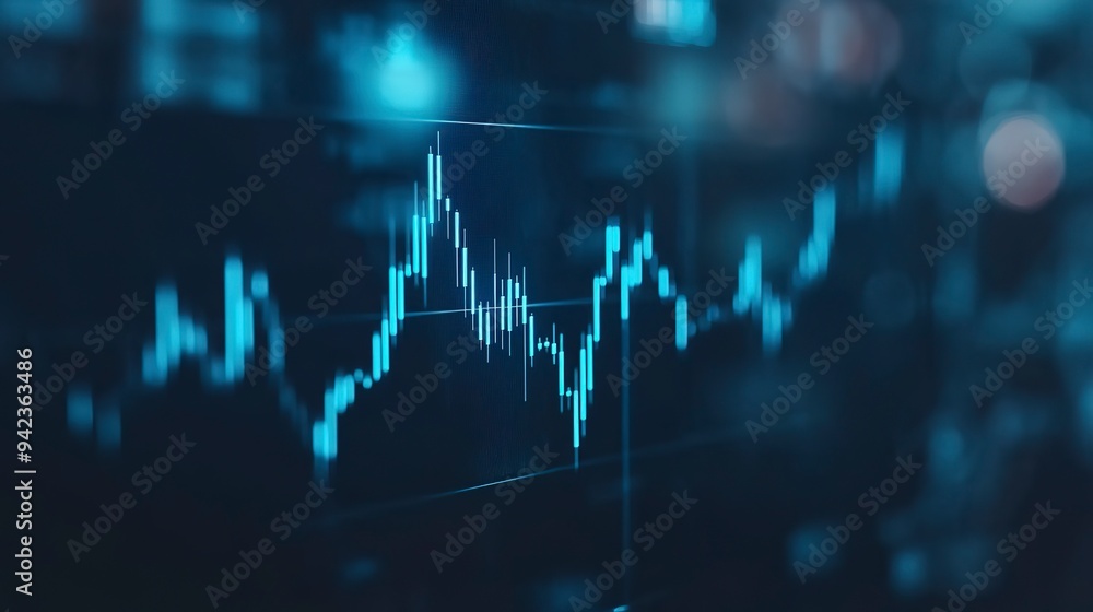 Poster macro close-up of a stock market investment trading chart displayed in blue, analyzing data with can
