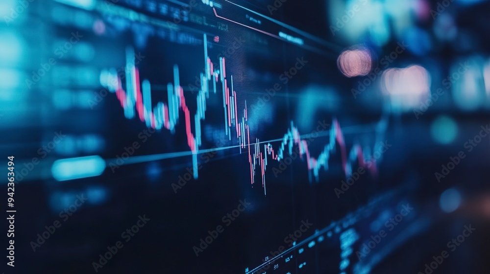 Poster macro close-up of a stock market investment trading chart displayed in blue, analyzing data with can