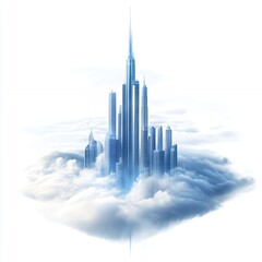 Fototapeta premium A futuristic city skyline emerging from clouds, symbolizing innovation and aspiration.