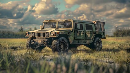 A military hummer in camouflage is driving on the grass near an open field. On top of it there is a small white cloud and a camera mounted to its roof for pointing towards you.
