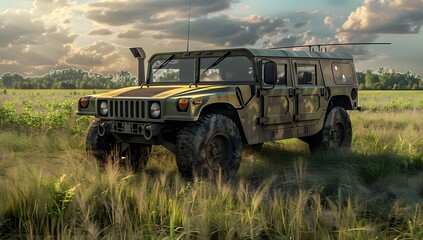 A military hummer in camouflage is driving on the grass near an open field. On top of it there is a small white cloud and a camera mounted to its roof for pointing towards you.
