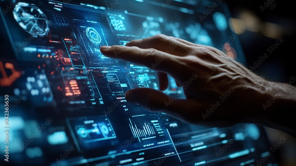 Poster hand interacting with a digital screen displaying various error and alert notifications.