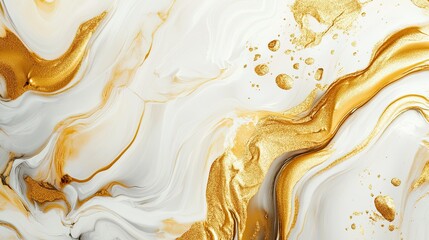 Abstract background with fluid gold and white marble patterns, providing a sophisticated setting for cosmetic product advertising. Plenty of space for branding and text.