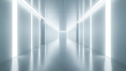 Abstract futuristic corridor with clean lines, cement floors, and soft ambient lighting, creating a sleek environment for showcasing modern products or interior designs.
