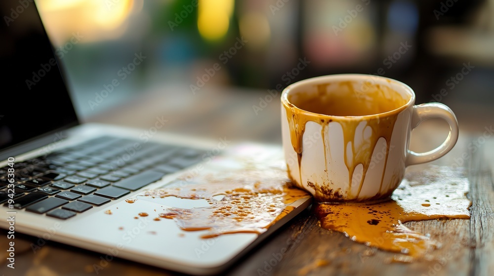 Sticker Upside down cup of coffee spilled on laptop 