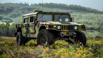 A military hummer in camouflage is driving on the grass near an open field. On top of it there is a small white cloud and a camera mounted to its roof for pointing towards you.