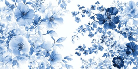 This beautiful floral wallpaper features intricate blue flowers on a white background, evoking the charm of classic porcelain patterns and adding nostalgia and elegance to any space