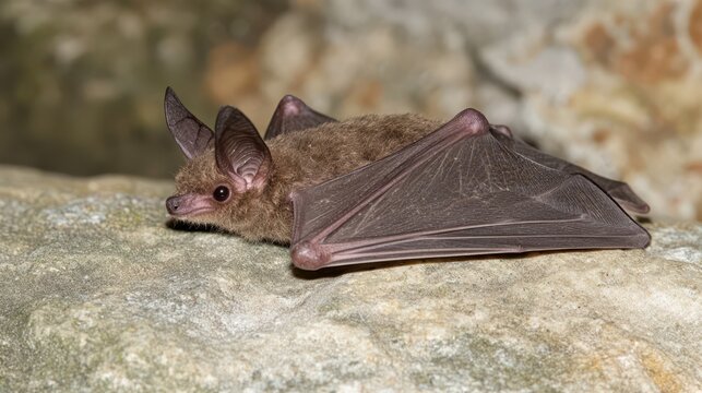 Brown bat resting on a rock in a natural cave environment