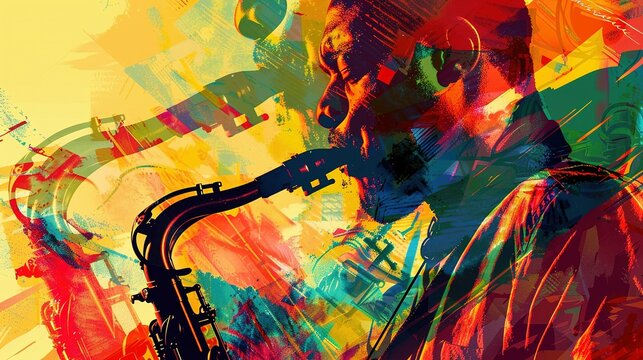 Abstract Portrait of a Saxophonist with Bold Color Strokes