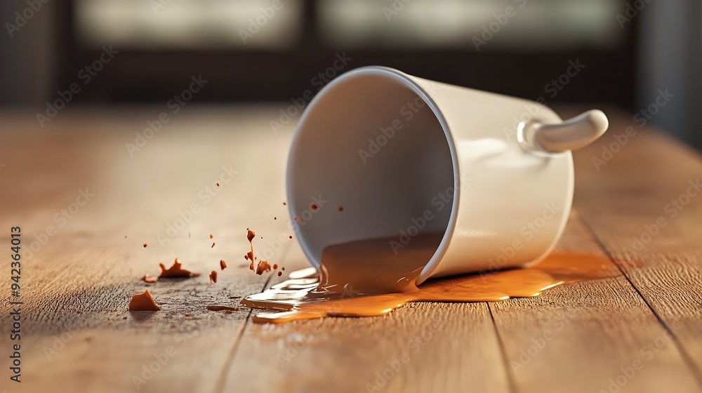 Poster white mug and coffee spilled from it 