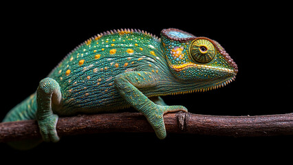 Fototapeta premium Green Chameleon on Exotic Tree Branch Against Black Background