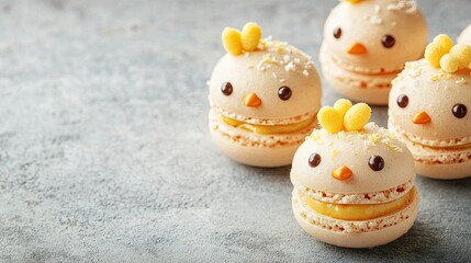 Fototapeta premium Adorable chick-shaped macarons for Easter, filled with creamy vanilla and lemon curd, set on a concrete surface with generous copy space.