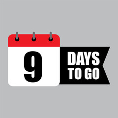 Countdown calendar icon. Bold number nine. 9 Days to Go text. Red, black, and white design.