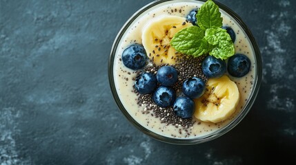 Close-up of a nutrient-packed smoothie with blueberries, banana, chia seeds, and yogurt in a glass, on a sleek gray concrete background.