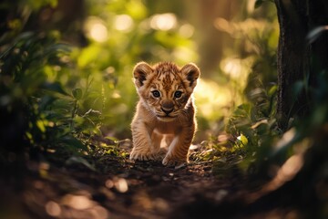Playful Lion Cub in Lush Green Forest Lighting