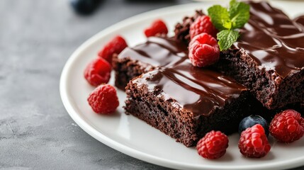 Close-up of chocolate brownies with a shiny chocolate glaze, fresh berries, and mint leaves on a white plate, set against a gray concrete background.