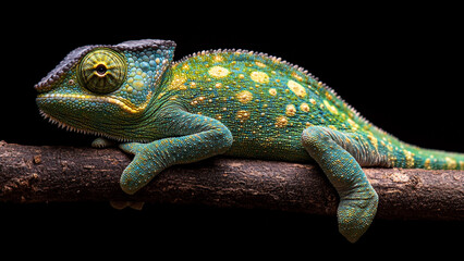 Obraz premium Exotic Tree Branch with Green Chameleon in Camouflage