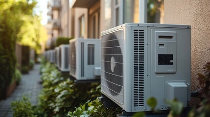 Practical cooling solutions are highlighted by a group of outdoor air conditioning units installed on the ground in a building's backyard.