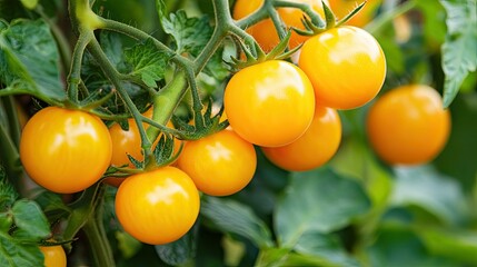 Cluster of bright yellow tomatoes on the tree, ready for harvest.