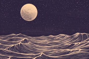 Naklejka premium Moonlit Waves Under Starlit Sky