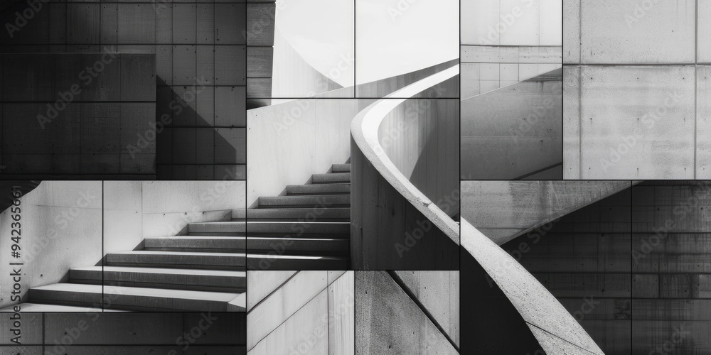 Poster A simple staircase with steps and railing in monochrome