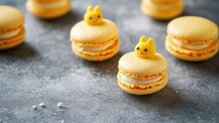Cute chick macarons with bright yellow shells, filled with vanilla cream and lemon curd, placed on a concrete surface with open copy space.