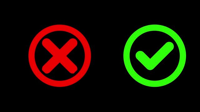 green tick and red cross signs animation, right and wrong animated icons, abstract motion overlay, on black background