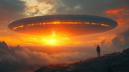 A giant alien spacecraft hovering in the sky is witnessed by a hiker standing alone in a mountain valley at dusk as the sun sets.