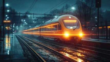 Naklejka premium Train Arriving at a Station on a Rainy Night