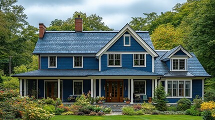 Prominently stands a large house with a blue roof and white trim.