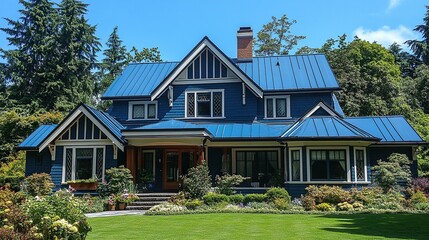Prominently stands a large house with a blue roof and white trim.