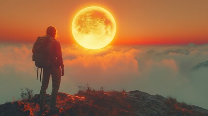 Fototapeta premium A lone hiker on a mountain peak at dusk observes a giant UFO hovering in the sky, illuminated by the sunset.