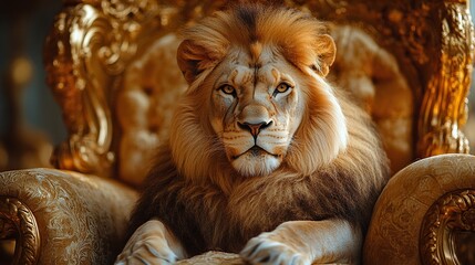 Fototapeta premium Embodied strength and regal authority are represented by a majestic male lion sitting confidently on a golden throne.