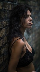 A woman leans against a brick wall, looking away from the camera, with a cigarette in her mouth. AI.