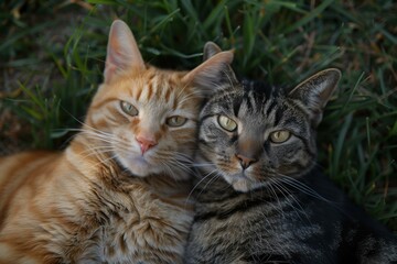 Obraz premium Two cats cuddle together in the grass. AI.