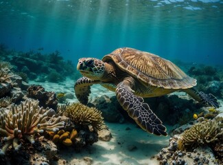 Obraz premium A sea turtle swims through coral reefs. AI.