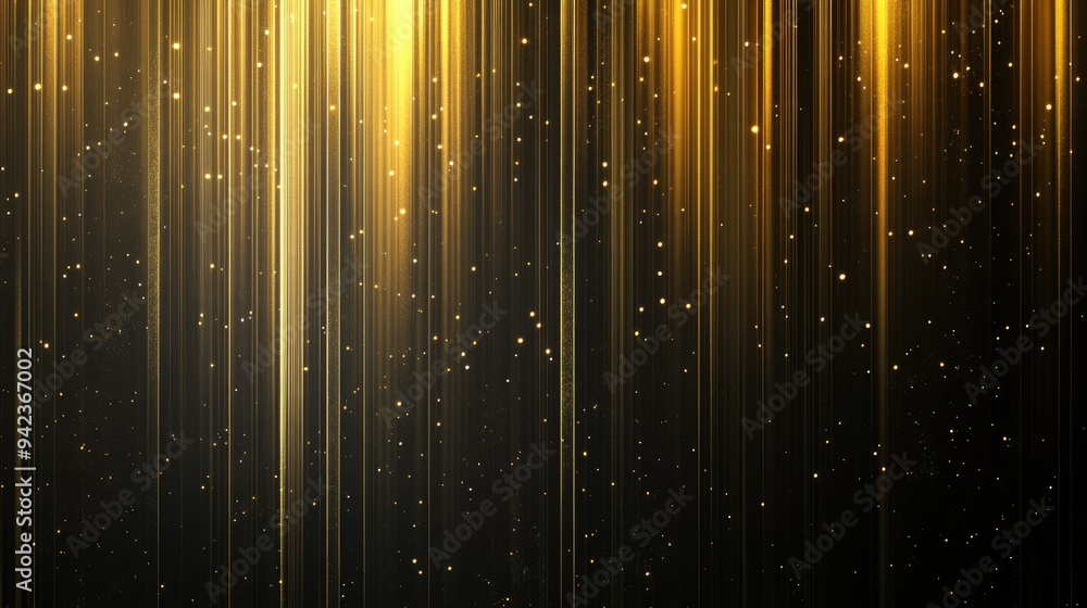 Poster glowing gold vertical lines against a dark background with subtle sparkles and elegant lighting effe